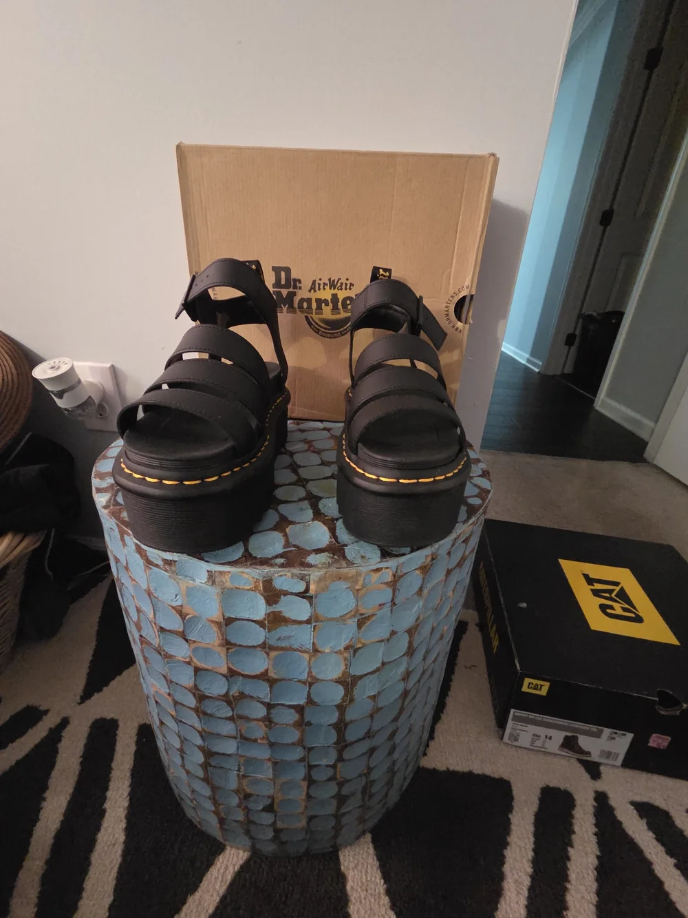Doc Martens Black Platform Strappy Sandals with Yellow Stitching